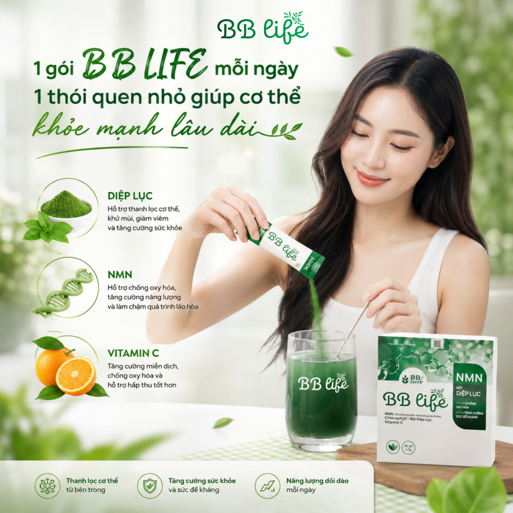 Diệp lục NMN BB LIFE – NMN 150mg + Vitamin C – Dinh Dưỡng Xanh Chống Oxy Hoá